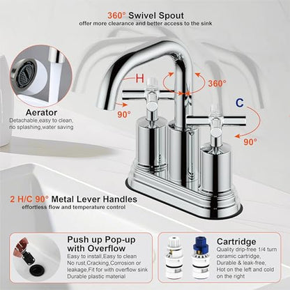 Two Handle Lavatory Faucet 4-inch Centerset Bathroom Sink Faucets with Drain Assembly for 3 Hole Sink Polished Chrome Finish DF-4303CCH-CP Duttao - color: Polished Chrome