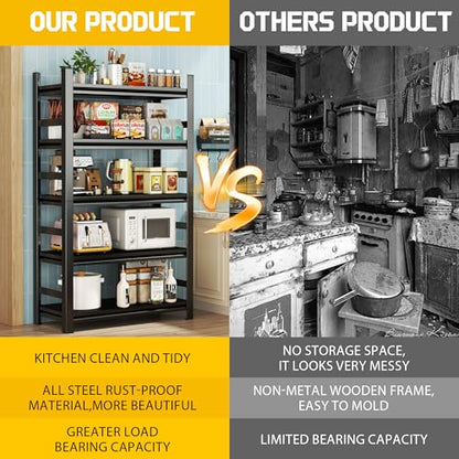 Kitchen Storage Shelves, Heavy Duty Shelving Unit, 5-Tier Adjustable Pantry Shelf, Food and Beverage Storage Shelves, Durable Metal Shelving, Appliance Storage, Black (36" W*16" D*72" H) - size: With Fences-5 Tier-72"H*36"W*16"D