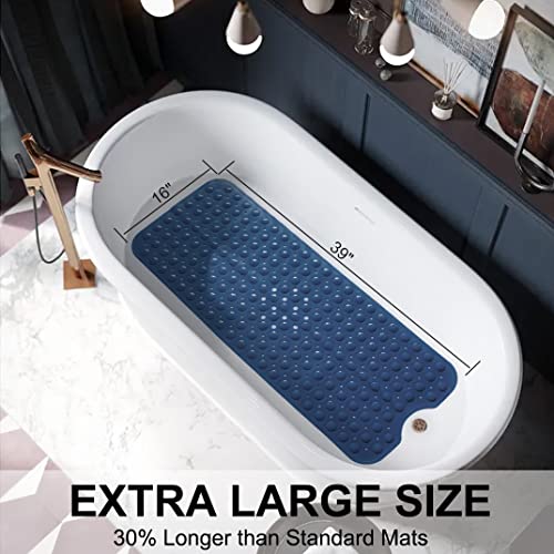 Tree Bud Bathtub Mats for Shower Tub Non-Slip Bath Mat 39 x 16 Inch Extra Long Shower Mat, Bath Tub Mat for Bathroom with Machine Washable, BPA Free for Kids (Navy Blue) - color: Navy Blue