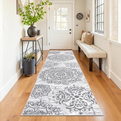 HEBE Hallway Runner Rug 3'x12', Washable Non Slip Kitchen Rug Runner | Soft Boho Bedroom Runner Rug, Vintage Distressed Low-Pile Floor Carpet Runners for Hallway, Entrance, Bathroom, Laundry - color: Grey, size: 3' x 12' (Rectangular)