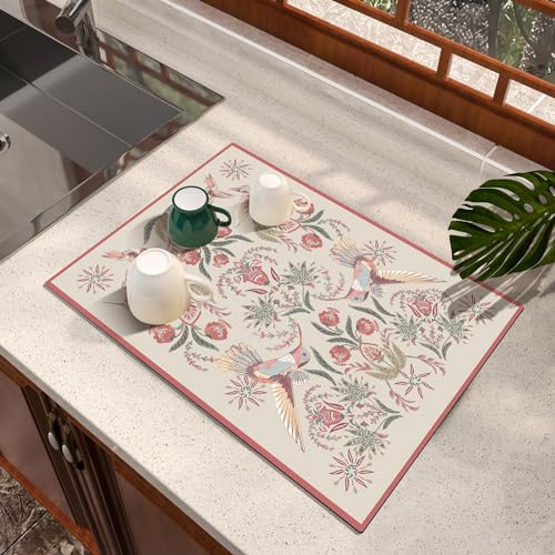 Dish Drying Mat Absorbent Diatomite Soft Coffee Mat, 12" x 16" | Rubber Backed, Birds Decor, Non Slip Base, Countertop, Espresso Machine, Bathroom - color: Birds and Flowers, size: 16" x 12"
