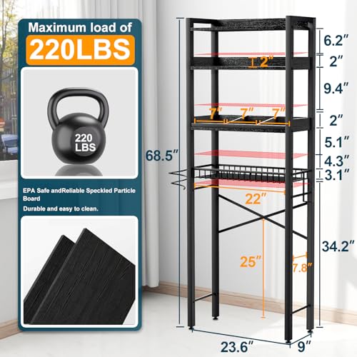 Over The Toilet Storage Cabinet,4 Tier Bathroom Organizer and Storage With Adjustable Shelf Waterproof Feet Pad and Basket Multifunctional Space Saver Freestanding Bathroom Shelves With Dividers Black - color: Black