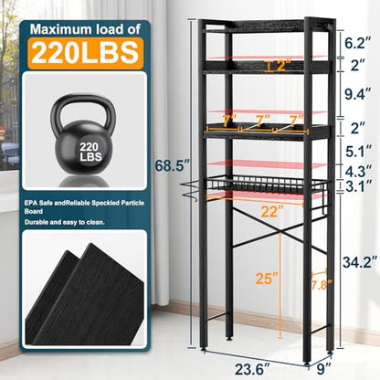 Over The Toilet Storage Cabinet,4 Tier Bathroom Organizer and Storage With Adjustable Shelf Waterproof Feet Pad and Basket Multifunctional Space Saver Freestanding Bathroom Shelves With Dividers Black - color: Black