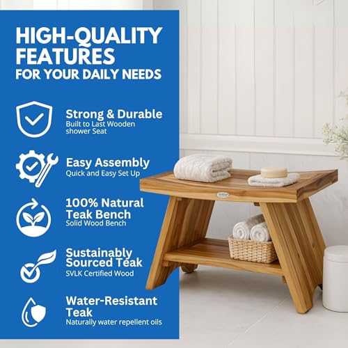 EcoDecors Serenity 30-Inch Teak Shower Bench with Shelf, 300 lb | Spa-style teak bath seat features elegant wood grain and timeless design for a stylish, functional bathroom upgrade - size: 30" shelf