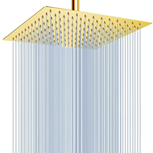 Voolan Rain Shower Head - High Flow Large Rainfall Shower Heads Made of Stainless Steel - Waterfall Bathroom Square Showerhead - Ceiling or Wall Mount (12" Gold) - color: Golden, size: 12 Inch