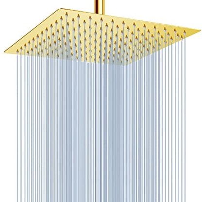 Voolan Rain Shower Head - High Flow Large Rainfall Shower Heads Made of Stainless Steel - Waterfall Bathroom Square Showerhead - Ceiling or Wall Mount (12" Gold) - color: Golden, size: 12 Inch