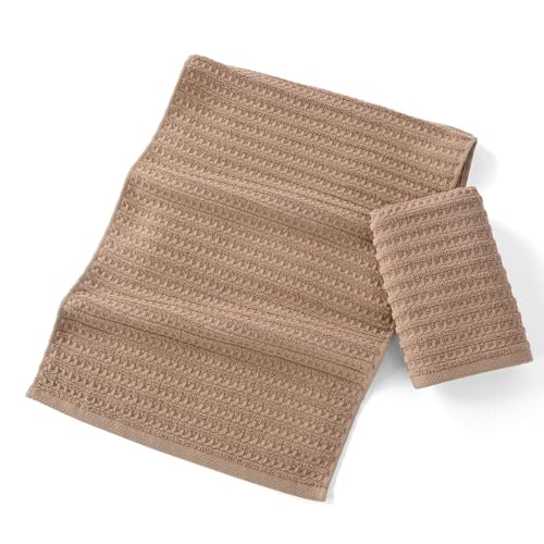 sense gnosis Brown Hand Towel Set of 2 Waffle with Terry Striped Pattern 100% Cotton Ultra Soft Absorbent Towels for Bathroom Kitchen Home 13 x 29 Inch - color: Brown