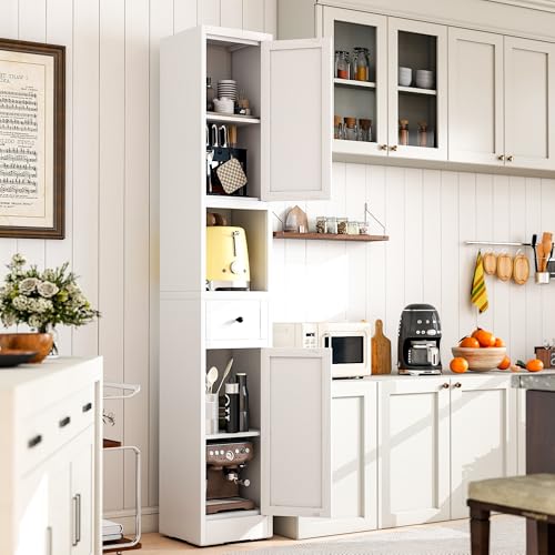 71 Inch Tall Narrow Bathroom Storage Cabinet, Slim Metal Freestanding Floor Cabinet with Doors, Adjustable Shelves, Drawer & Open Shelf, Bathroom Organizer for Small Spaces, White
