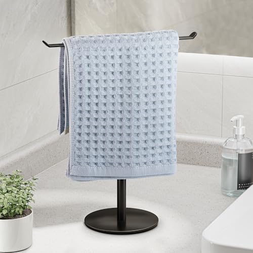 Black T-Shaped Hand Towel Holder Stand for Countertops, Stainless Steel | Countertop rack for bathrooms and kitchens; waterproof finish organizes hand towels, headbands and other lightweight items. - color: Black