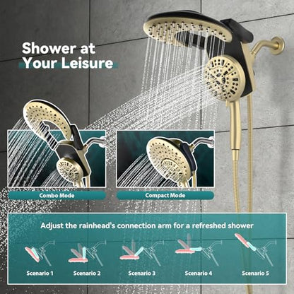 Foldable Rainfall Shower Head 9 Spray Settings/Modes Handheld Showerheads | High Pressure Shower Heads with Handheld Spray Combo, Built-in Magnetic Docking, Power Jets, Stainless Steel Shower Hose - color: Gold