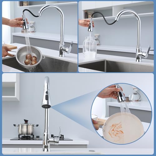 Kitchen Faucet Sprayer Head Replacement, 3 Function Pull Down Sink Faucet Spray Head with Detachable Aerator, Universal Fit, Chrome/Brushed Nickel Finish, Leak-Proof Nozzle for Kitchen Sink