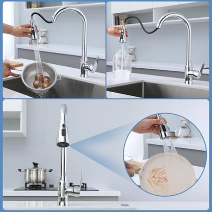 Kitchen Faucet Sprayer Head Replacement, 3 Function Pull Down Sink Faucet Spray Head with Detachable Aerator, Universal Fit, Chrome/Brushed Nickel Finish, Leak-Proof Nozzle for Kitchen Sink