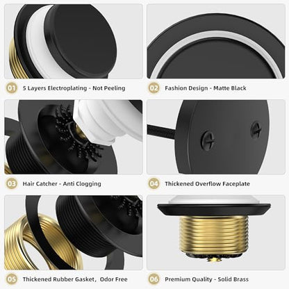 Tip-Toe Bathtub Drain Kit with Hair Catcher, Matte Black | 2-Hole Overflow Faceplate, Solid Brass, 5-Layer Plated, Fits 1.5"/1.75" Drains, For Bathroom Remodel, Matches Fixtures - color: Matte Black