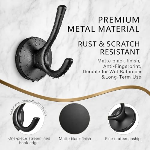 Towel Hooks-Coat Robe Hooks-Heavy Duty Metal Double Bathrobe Hook-Black Towel Hooks for Bathrooms-Kitchen Closet Garage（4Pcs Black） - color: Black