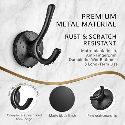 Towel Hooks-Coat Robe Hooks-Heavy Duty Metal Double Bathrobe Hook-Black Towel Hooks for Bathrooms-Kitchen Closet Garage（4Pcs Black） - color: Black