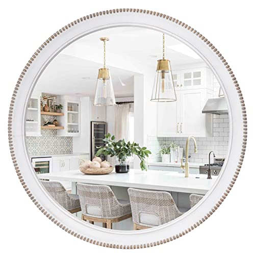 sawsile Round Wood Mirror,32 inch Circle Rustic Farmhouse White Wooden Frame Boho Beads Wall Mirror for Bathroom,Living Room,Bedroom or Entryway - color: White, size: 32"L x 32"W
