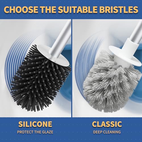 BOOMJOY Toilet Brush and Holder Set 2 Pack, Silicone Toilet Bowl Cleaner Brush, Toilet Scrubber Brush with Tweezers for Bathroom Cleaning, RV Accessories, House Organization Must-Haves - Gray - color: Gray