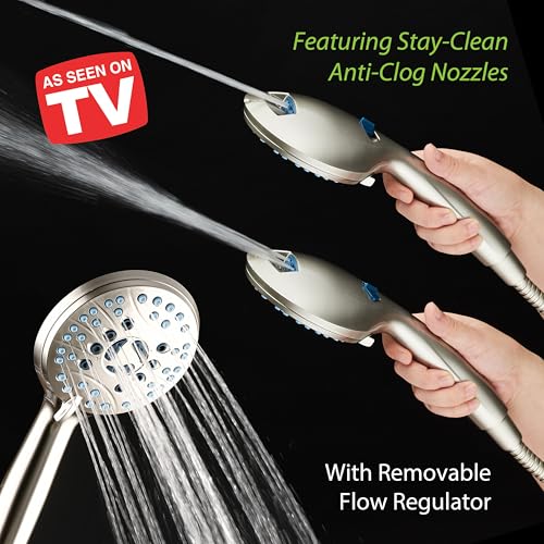 AquaCare 8-mode High Pressure Handheld Shower Head with 2-mode Power Wash | Stay Clean Nozzles, Dual Power Wash for Tub, Tile & Pets, Long 6 ft. Stainless Steel Hose, Wall & Overhead Brackets / Nickel - color: Satin Nickel, style: 2.5 Gallon Per Minute