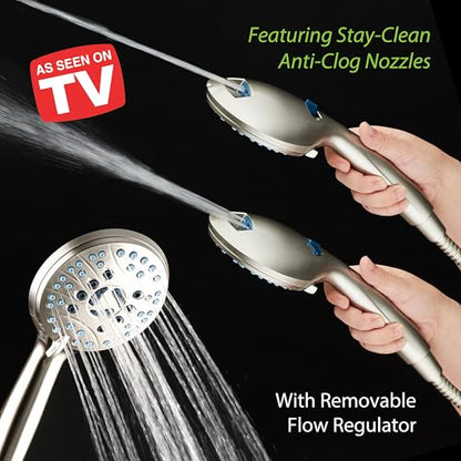 AquaCare 8-mode High Pressure Handheld Shower Head with 2-mode Power Wash | Stay Clean Nozzles, Dual Power Wash for Tub, Tile & Pets, Long 6 ft. Stainless Steel Hose, Wall & Overhead Brackets / Nickel - color: Satin Nickel, style: 2.5 Gallon Per Minute