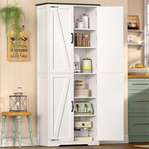 Tall Pantry Cabinet, Kitchen Cabinet with 4 Shelves, Adjustable Shelves, Pantry Cabinets with 4 Barn Doors, Tall Kitchen Cabinets for Dining Room, Living Room, White - color: White 4 Doors