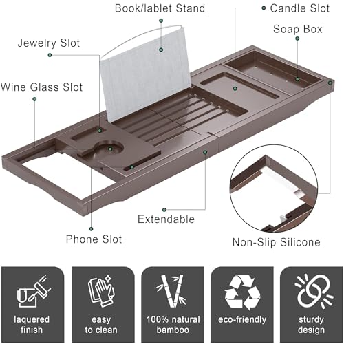 Artmeer Foldable Bamboo Bathtub Caddy Tray Expandable Bath Table for Tub with Cup Holder Book Stand and Bathroom Organizer, Brown
