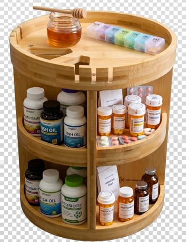 Bamboo Rotating Makeup Organizer with Adjustable Shelves - Round, Multipurpose Storage 360° Carousel for Vanity, Bathroom, Kitchen Countertop, Bedroom, Desk