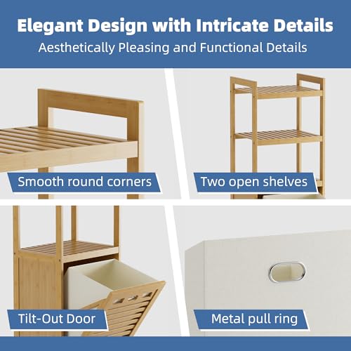 HITNET Tilt Out Laundry Hamper, Bamboo Laundry Basket with Foldable Bag and 3 Open Shelves, Freestanding Clothes Storage Organizer for Bedroom, Bathroom, Living Room, Natural - color: Natural