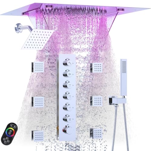 Enga Luxury Dual Shower Head System with Body Jets LED Thermostatic Shower System with 6 inch Wall Shower, 20-Inch 3 Function Shower Head (Rainfall & Mist & Waterfall), Chrome - color: Chrome, style: 20" Head (Rain + Mist+Waterfall) - 6" Head+Jets