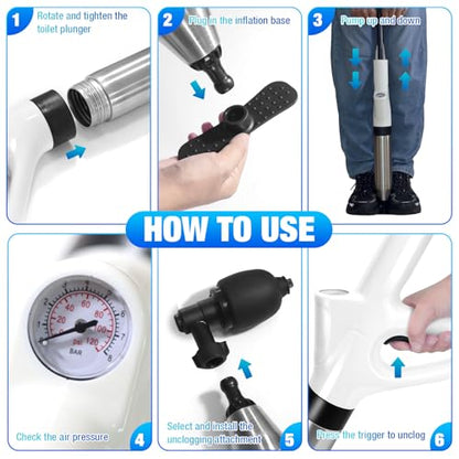 High Pressure Toilet Plunger, Air Drain Blaster Gun with Visual Barometer and Stainless Steel Plungers, Powerful Drain Clog Remover Tool for Sink, Toilet, Floor Drain - Heavy Duty Toilet Plungers