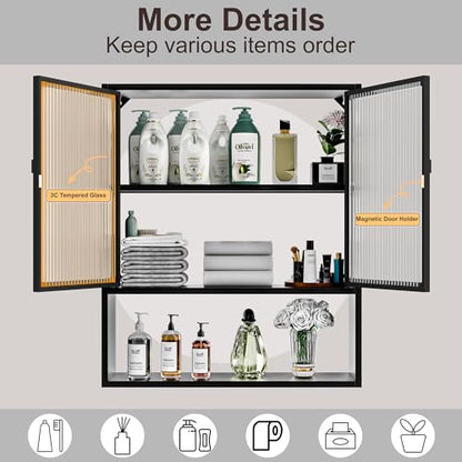 Metal Medicine Cabinet with Glass Doors, Space Saver Bathroom Cabinets Wall Mount with 2 Sense Lights, 23.6"W x 27.6"H Restroom Closet, 3-Tier Wall Cabinet for Bathroom Laundry Room Kitchen - color: Black, style: Classic
