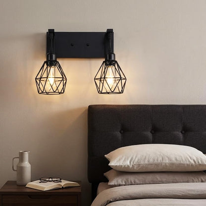 Somniferous Farmhouse Bathroom Light Fixtures, 2 Light Bathroom Vanity Light Over Mirror, Black Bathroom Light with Caged Metal Shade, Rustic Wall Sconce for Bedroom, Living Room, Hallway, E26 Socket - size: 2-Light