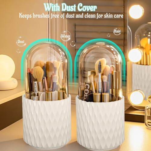 360°Smooth Rotating Makeup Brush Holder with Dustproof Lid Spinning Vanity Organizer for Beauty Lipstick Perfume,Brushes Storage Container,Countertop,Dressing Table,Bathroom Desk (White)
