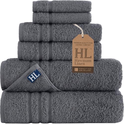 Hawmam Linen Grey 6 Piece Bath Towels Set for Bathroom Original Turkish Cotton Soft, Absorbent and Premium 2 Bath Towels, 2 Hand Towels, 2 Washcloths (Cool Grey) - color: Cool Grey, size: 6 Piece Towel Set (2 Bath, 2 Hand, 2 Wash)