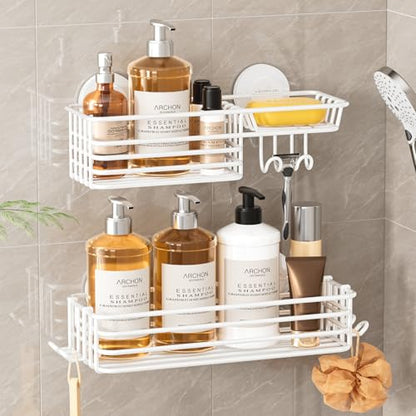 Shower Caddy Suction Cup, 2 Pack Shelves for Inside with Hooks | White Shower Basket, Rustproof Meatl Bathroom Holder, Soap Holder, NO-Drilling Bathroom Organizer - color: 2 X White Basket