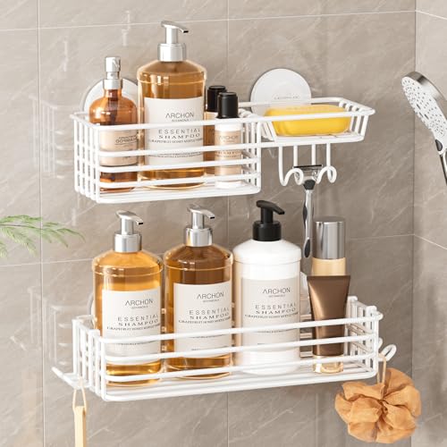 Shower Caddy Suction Cup, 2 Pack Shelves for Inside with Hooks | White Shower Basket, Rustproof Meatl Bathroom Holder, Soap Holder, NO-Drilling Bathroom Organizer - color: 2 X White Basket