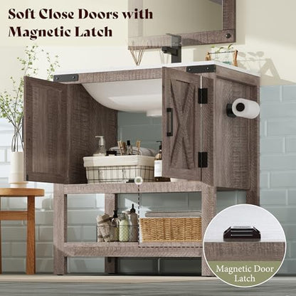 AMERLIFE 24" Gray Farmhouse Bathroom Vanity with Sink and Open Shelf | Light Gray, Single Solid White Integrated Top, Moisture-Resistant MDF, Barn Doors, Open Shelf, Paper Towel Holder - color: Light Gray, size: 24“