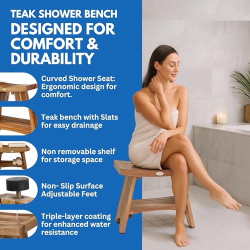 EcoDecors Serenity 24-Inch Teak Shower Bench with Shelf, 300 lb | Supports up to 300 lb with adjustable non-slip feet for stable, secure seating in showers and bathrooms - size: 24" shelf