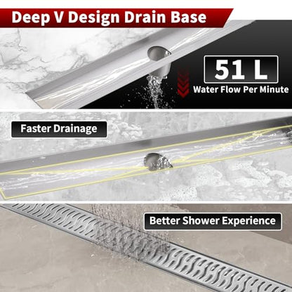 Sharp-tec Linear Shower Drain, 32 inch Shower Drain with Removable Pattern Cover, Brushed Nickel 304 Stainless Steel Rectangle Floor Drain, Adjustable Feet and Hair Strainer Included - color: Brushed Nickel, size: 32 inch