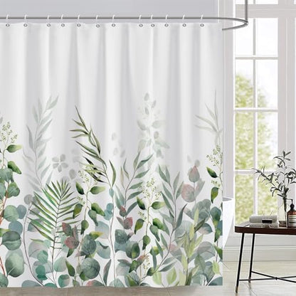 AWERT Shower Curtain Plants for Bathroom,Waterproof Quick-Drying Green Leaves Shower Curtain Set with Hooks 60x72 Inch - color: Green and Magenta, size: 60"W x 72"L (Pack of 1)