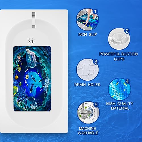 Navy Blue Non Slip Bath Tub Mat Ocean Shower Mat Non-Slip Cute Dolphin Blue Sea Ocean Fish Bathtub Mats with Suction Cups and Drain Holes Bathroom Soft Showermat 15"x27" - color: Dolphin&fish