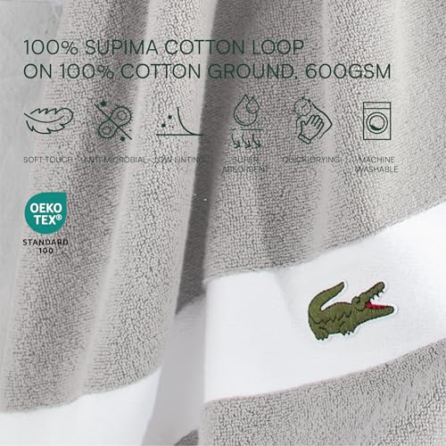 Lacoste Sport Stripe 6-Piece Luxury Cotton Towel Set – Made with 100% Soft Supima Cotton, Absorbent & Quick-Drying, Includes 2 Bath Towels, 2 Hand Towels, 2 Washcloths, Micro Chip - color: Micro Chip