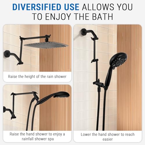 G-Promise 12 Inch Shower Extender with 6 Inch Arm and Flange(Matte Black) | Solid Brass Construction, Height and Angle Adjustable, Standard Connection Thread, All Installation Tools Included - color: Matte Black, style: 12 Inch