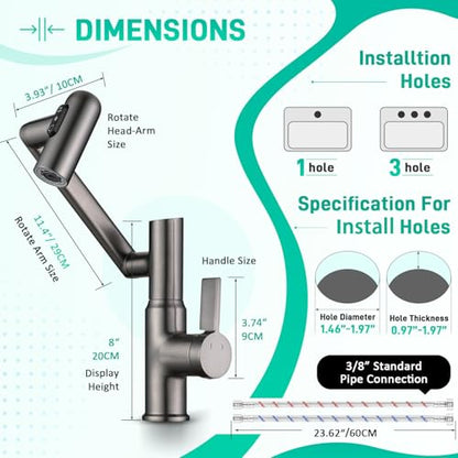 Bathroom Sink Faucet, Rotatable Faucet with Temperature Display in Celsius(Batteries-Free), 1080° Swivel | 3 Water Modes Faucet for Bathroom Kitchen Rv, LCF-2401, Grey - color: Grey - Celsius