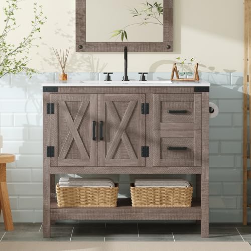 AMERLIFE 36" Gray Farmhouse Bathroom Vanity with Sink and 2 Drawers | Light Gray, Single Solid White Integrated Top, Moisture-Resistant MDF, 2 X-Panel Doors, 2 Drawers, Open Shelf, Towel Holder - color: Light Gray, size: 36”