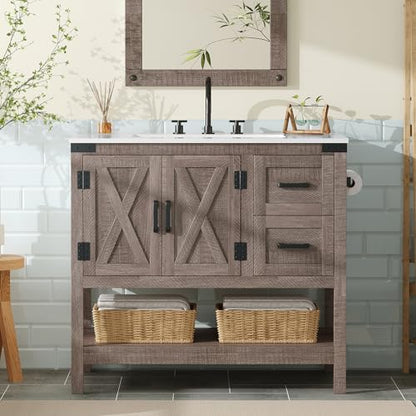 AMERLIFE 36" Gray Farmhouse Bathroom Vanity with Sink and 2 Drawers | Light Gray, Single Solid White Integrated Top, Moisture-Resistant MDF, 2 X-Panel Doors, 2 Drawers, Open Shelf, Towel Holder - color: Light Gray, size: 36”