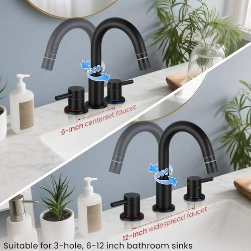 Bathroom Faucet 3 Hole with Pull Down Sprayer Matte Black, 2-Handle | Lead-free stainless steel, pop-up drain, 360°swivel, 8-inch widespread Faucet for RV/vanity sink, 3-hole mount - color: 2-Matte Black, style: 8 Inch Pull Down
