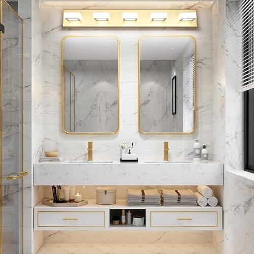 Ralbay Modern LED Gold Bathroom Vanity Lights 5 Lights LED Modern Gold Vanity Lights Over Mirror Fixture Acrylic Gold Vanity Wall Light (White Light 6000K), 33.5 inch, 8590-gold-silver - size: 33.5 inch
