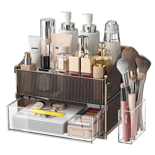 INVSSENE Stackable Makeup Organizer Countertop, Storage Perfume Skincare Cosmetic Lipstick Face Mask Makeup Brush Holder Palettes, Ideal for Vanity Bathroom Counter - color: 3514 Coffee+Clear