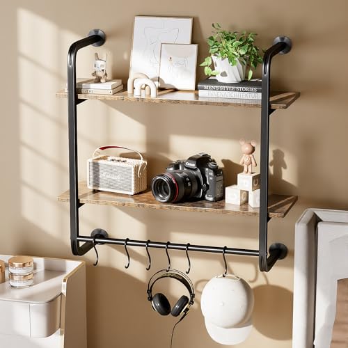 2 Tier Industrial Pipe Floating Shelf, 24" Kitchen Wall Shelves | with Towel Bar & 6 Hooks, Coffee Bar Shelves Display Bookshelf Wall Shelf for Kitchen, Bathroom, Home Décor, Rustic Brown - size: 24 Inch（2 Tier）