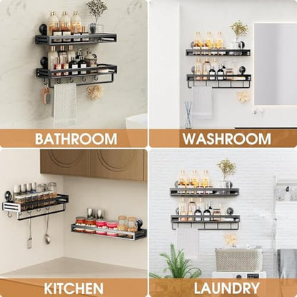 Suction Cup Shower Caddy With 5 Hooks & Towel Rrack 11.8inch Black | No Drilling Shower Organizer with Large Capacity, Rust-resistant Bathroom Organizer, Heavy Duty Shower shelves for Bathroom - size: 11.8 inches(US)